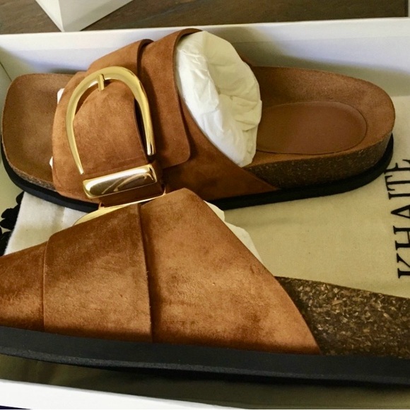 KHAITE Camel Suede Sandals with Gold Accent size 10.5 (41.5) NWT Retails $840.
